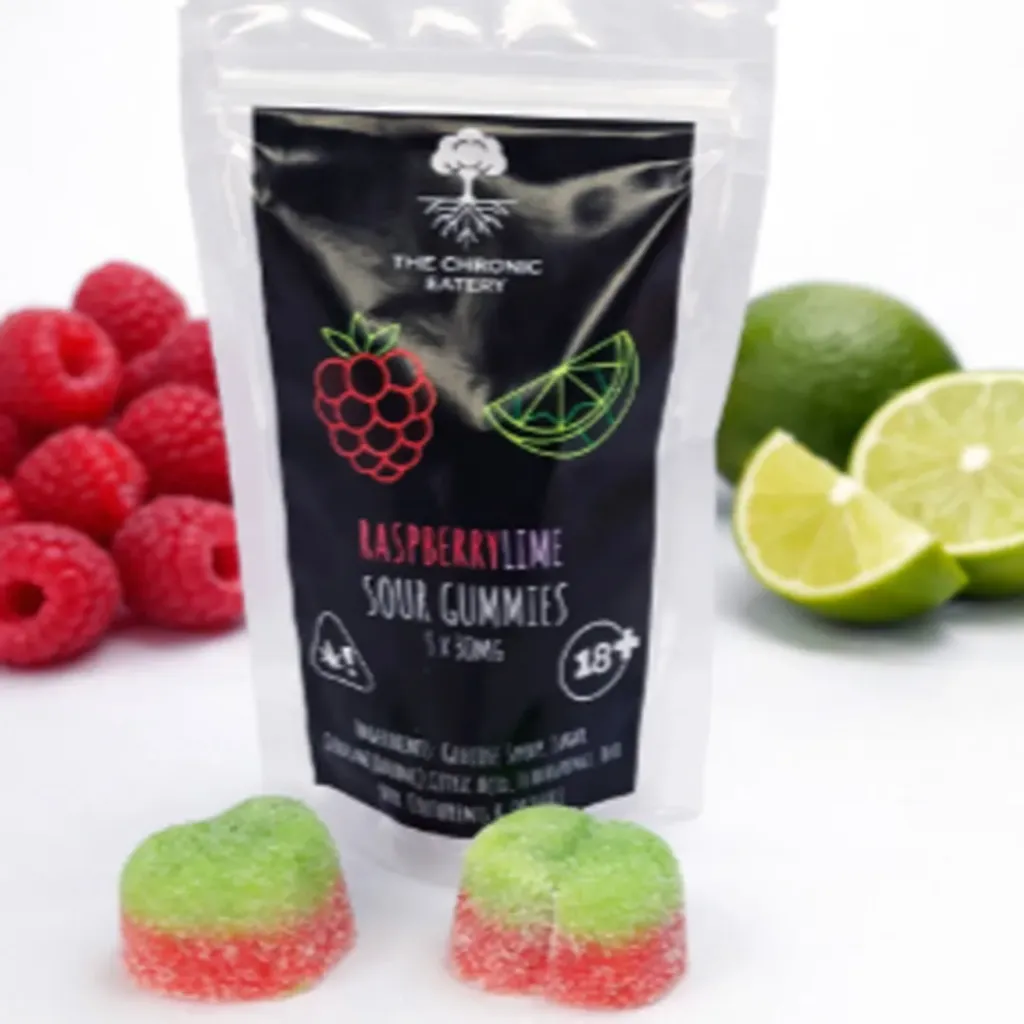 Dual-Flavoured Heart-Shaped Sour Gummies - Raspberry/Lime 150mg (5x30mg)